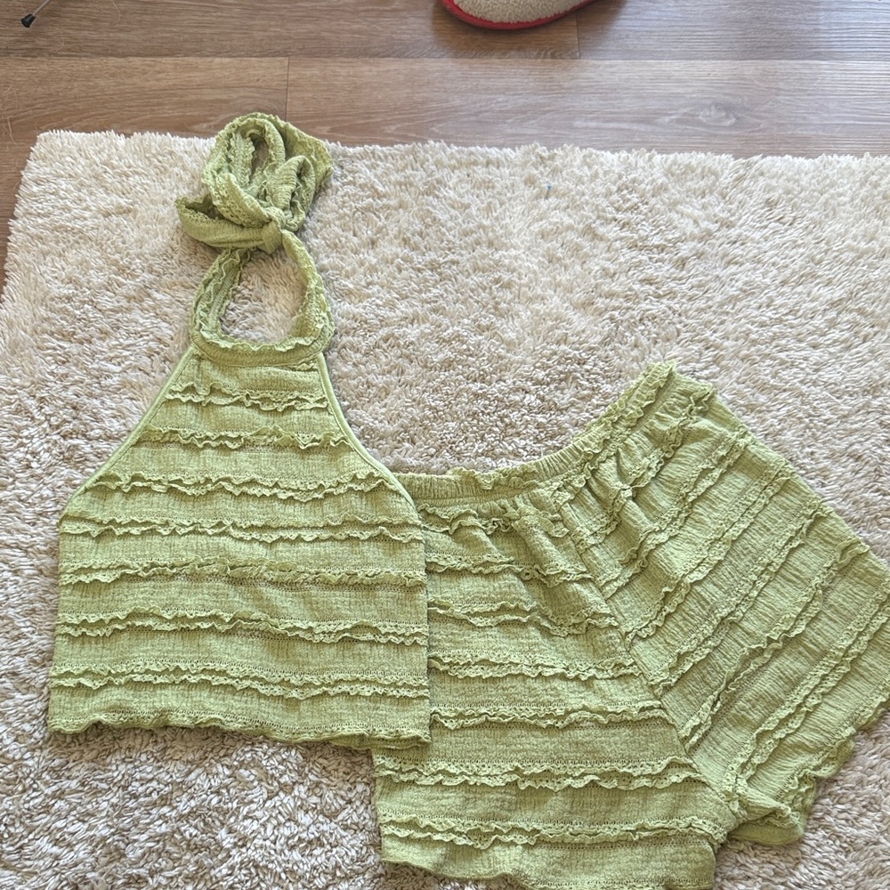 Green Lace Halter Top and Shorts Set